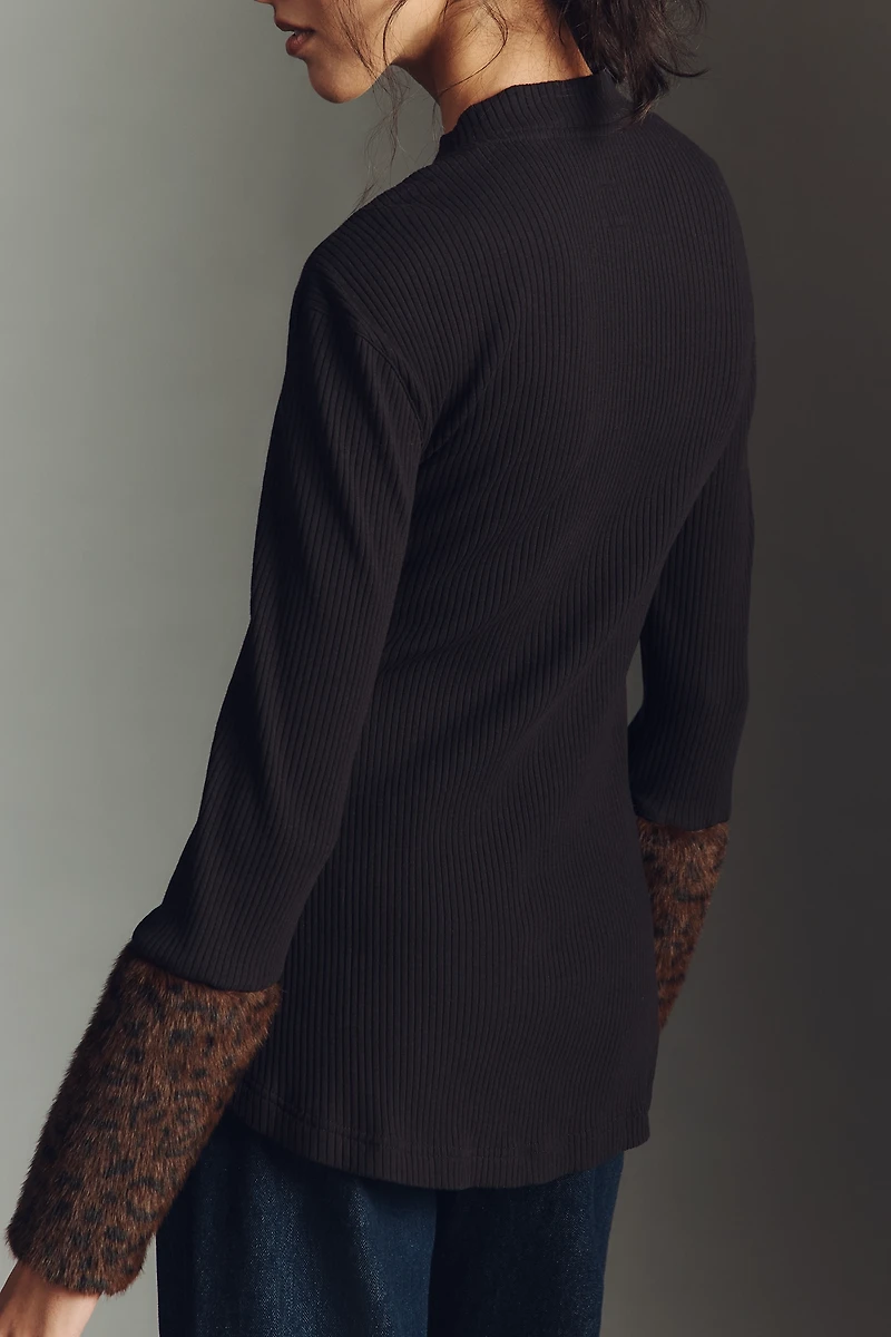 Maeve Faux Fur Cuff Button-Front Knit Top