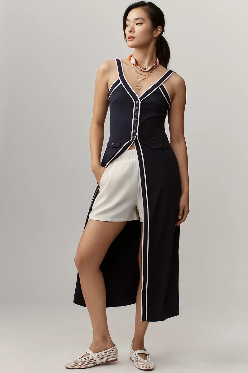 Maeve Button-Front V-Neck Long Line Shirt