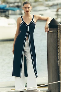 Maeve Button-Front V-Neck Long Line Shirt