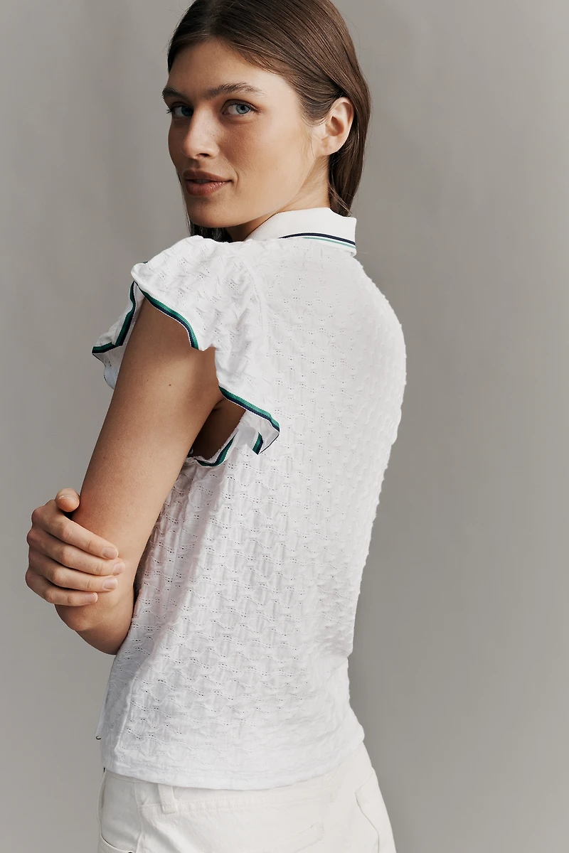 Maeve Flutter-Sleeve Polo Top