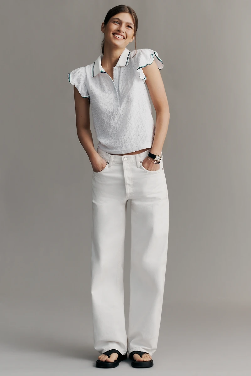 Maeve Flutter-Sleeve Polo Top