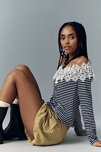 Maeve Off-Shoulder Long-Sleeve Lace T-Shirt