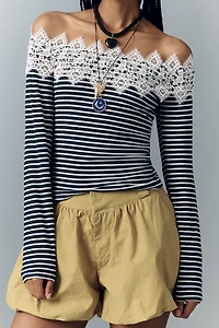 Maeve Off-Shoulder Long-Sleeve Lace T-Shirt