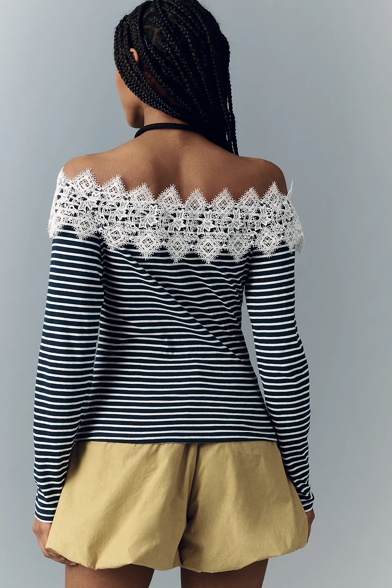 Maeve Off-Shoulder Long-Sleeve Lace T-Shirt