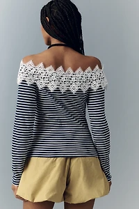 Maeve Off-Shoulder Long-Sleeve Lace T-Shirt