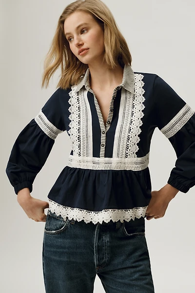 Maeve 100% Cotton Lace Placket Blouse