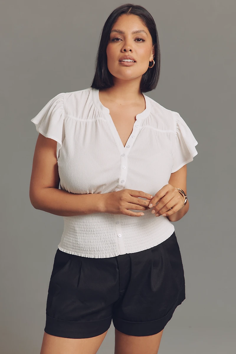 Maeve Short-Sleeve V-Neck Fitted-Waist Top