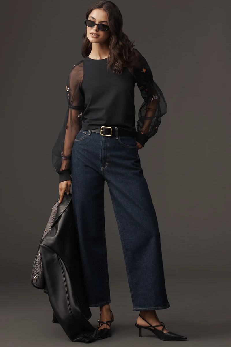 Maeve Embroidered Sheer-Sleeve Pullover