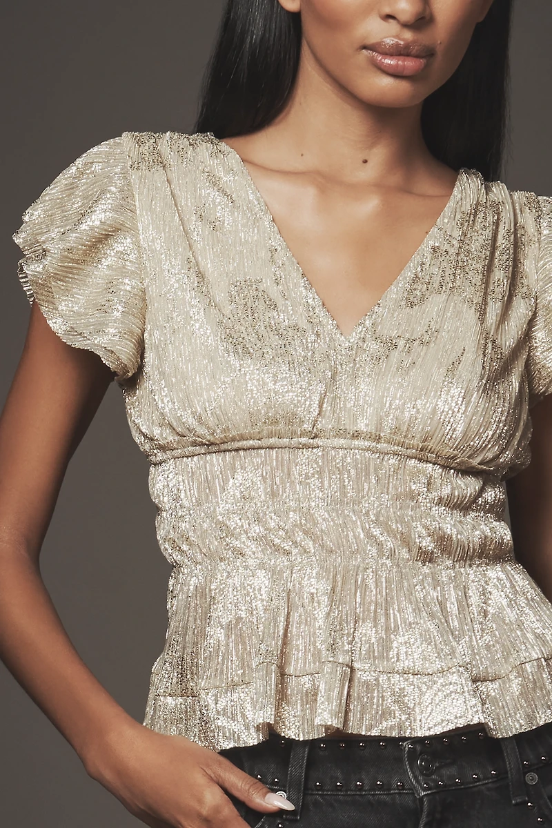 By Anthropologie Smocked Metallic Short-Sleeve Top