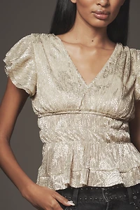 By Anthropologie Smocked Metallic Short-Sleeve Top