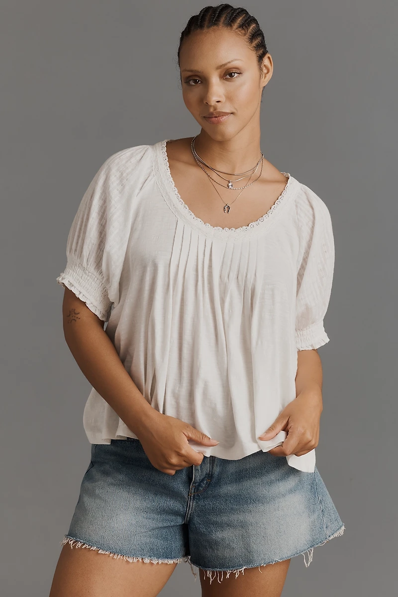 Pilcro Lace-Trim Short-Sleeve Blouse
