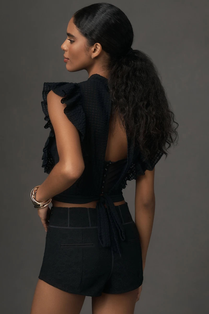 Maeve Crop Ruffle Mesh Top