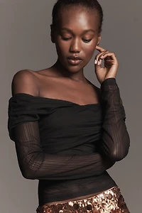 SOVERE Cascade Long-Sleeve Off-Shoulder Mesh Top