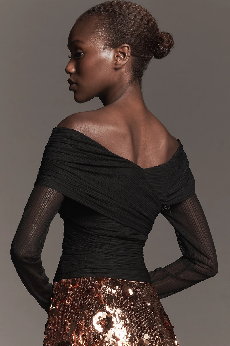 SOVERE Cascade Long-Sleeve Off-Shoulder Mesh Top