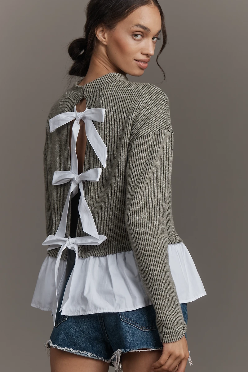 Maeve Long-Sleeve Bow-Back Twofer Peplum Top