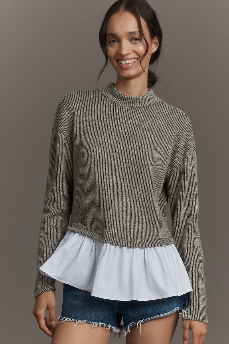 Maeve Long-Sleeve Bow-Back Twofer Peplum Top