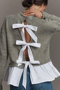 Maeve Long-Sleeve Bow-Back Twofer Peplum Top