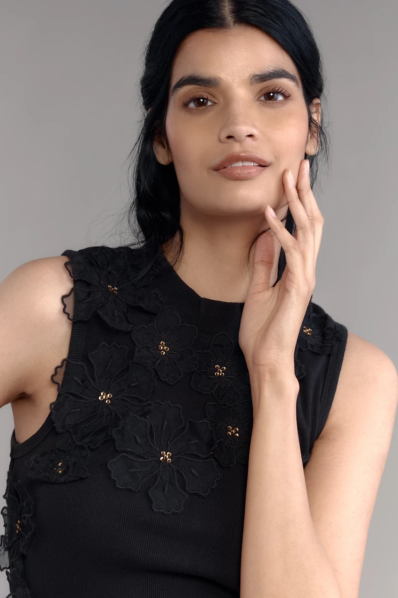 By Anthropologie Sleeveless 3D Floral Appliqué Top