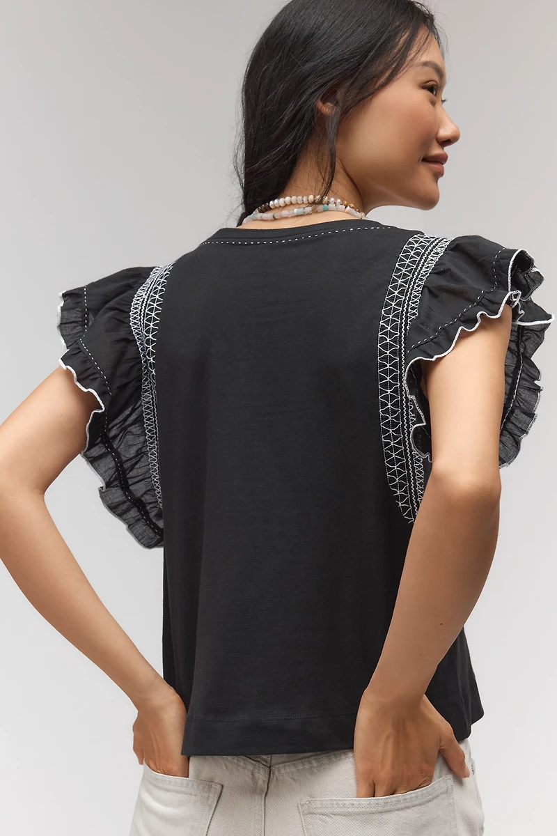 By Anthropologie Smocked Flutter-Sleeve Tee