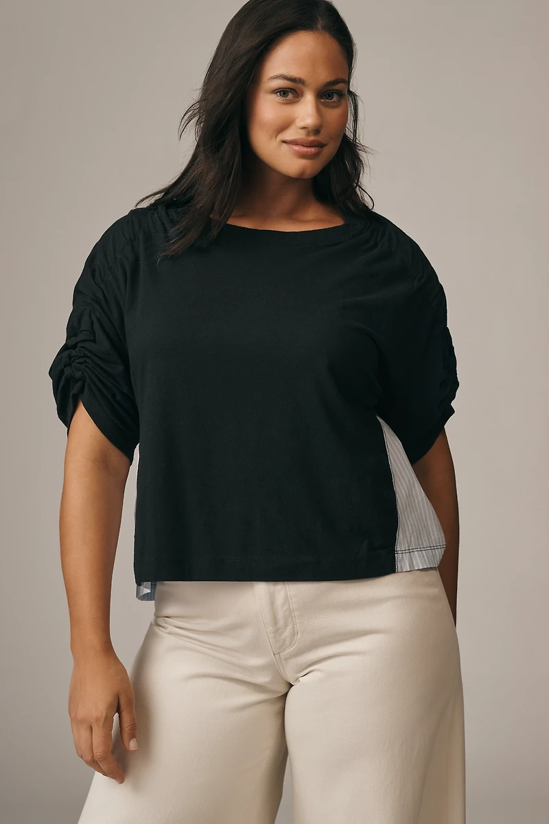 Maeve Woven & Knit Ruched-Sleeve Twofer Top