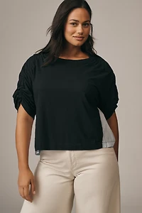 Maeve Woven & Knit Ruched-Sleeve Twofer Top