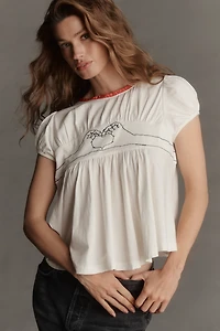 Maeve Embroidered Heart Short-Sleeve Swing Top