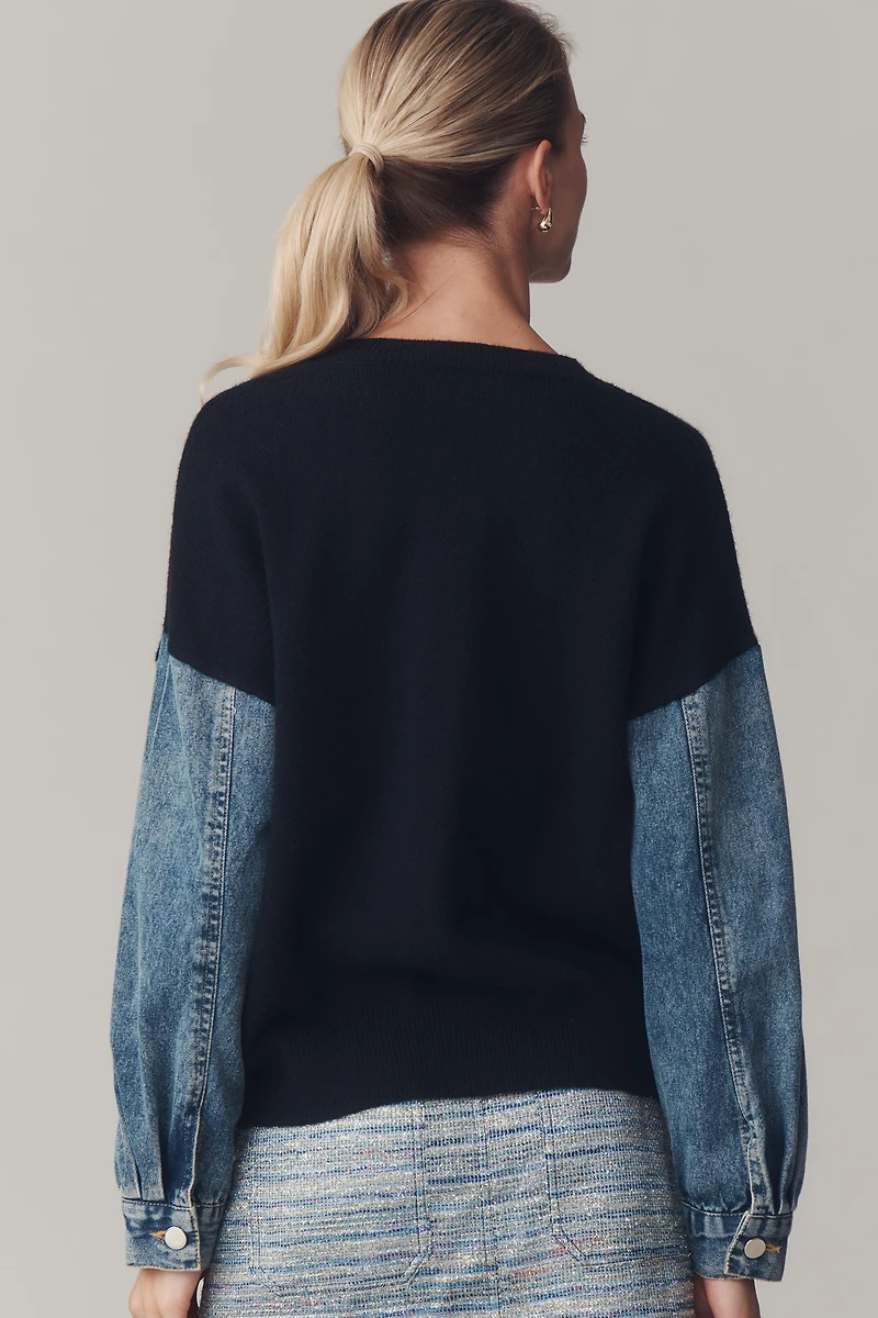 Grey Lab Crew-Neck Denim-Sleeve Mixed Media Sweater