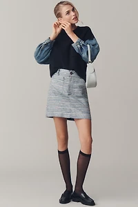 Grey Lab Crew-Neck Denim-Sleeve Mixed Media Sweater