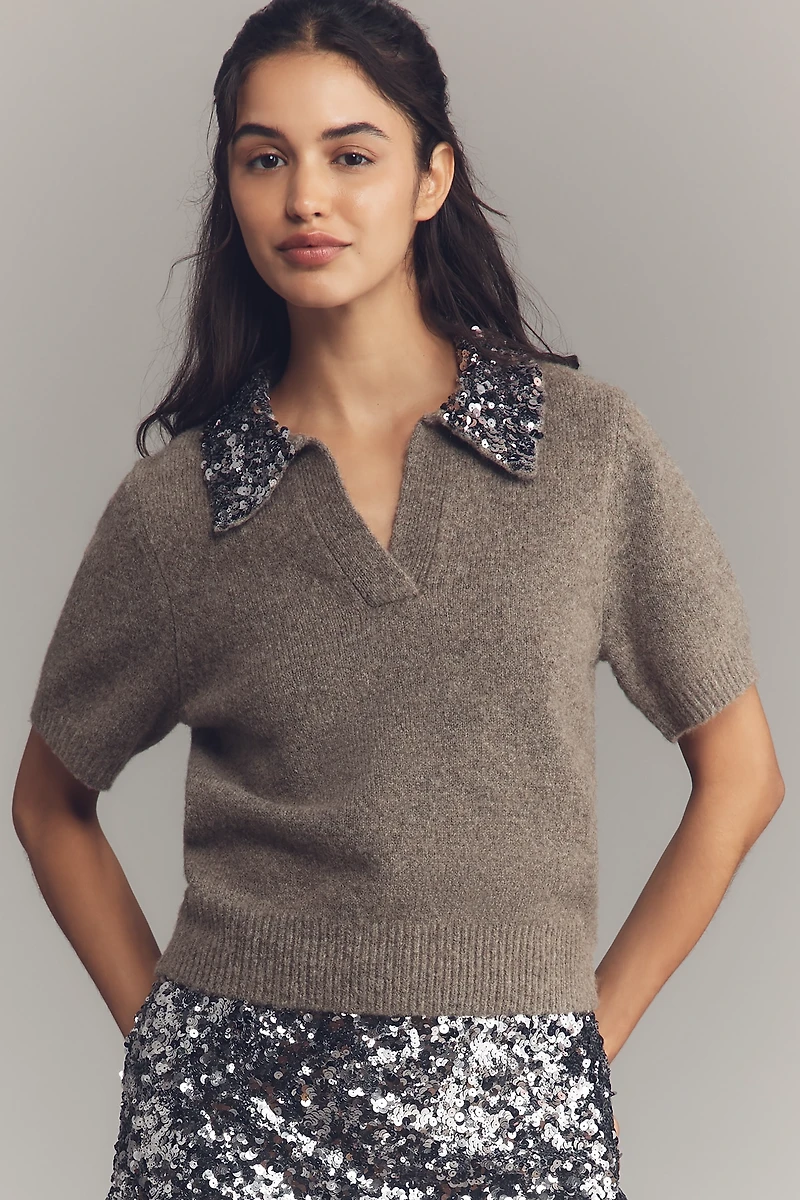Endless Rose Short-Sleeve Sequin-Collar Sweater