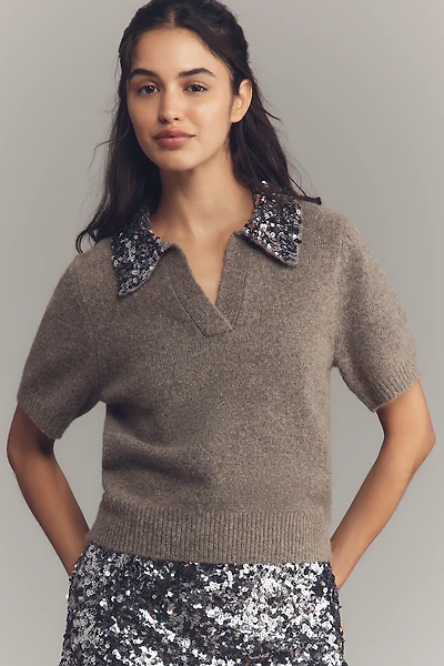 Endless Rose Short-Sleeve Sequin-Collar Sweater