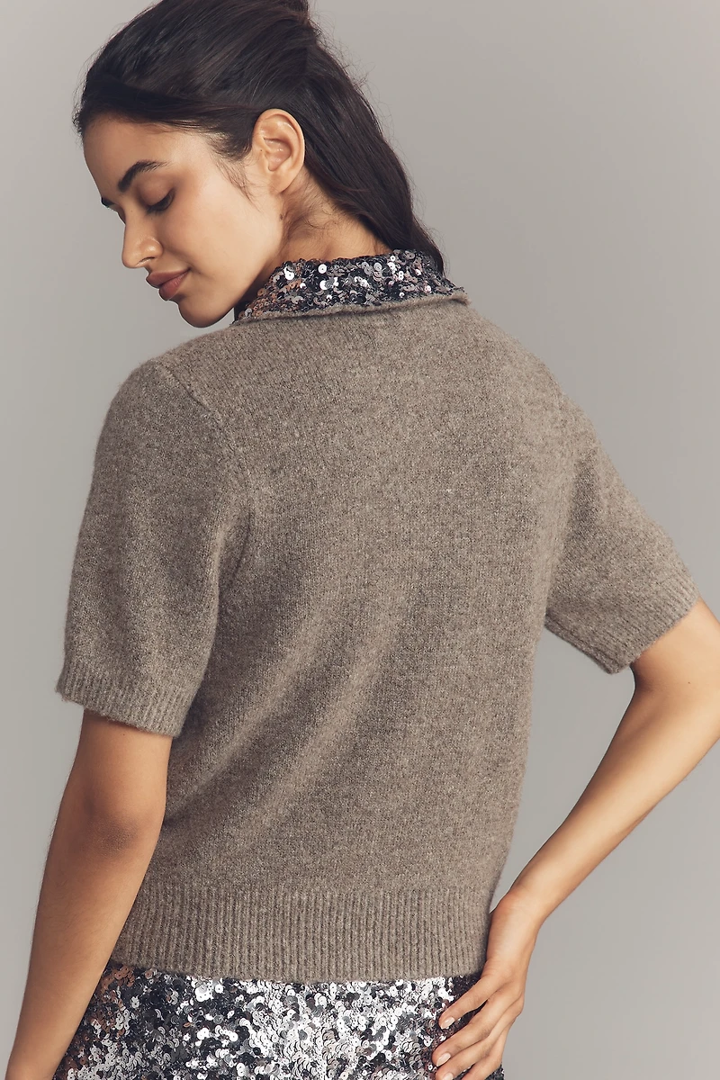 Endless Rose Short-Sleeve Sequin-Collar Sweater