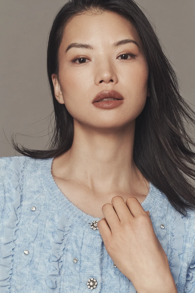 Maeve Short-Sleeve Embellished Ruffled Cardigan Sweater