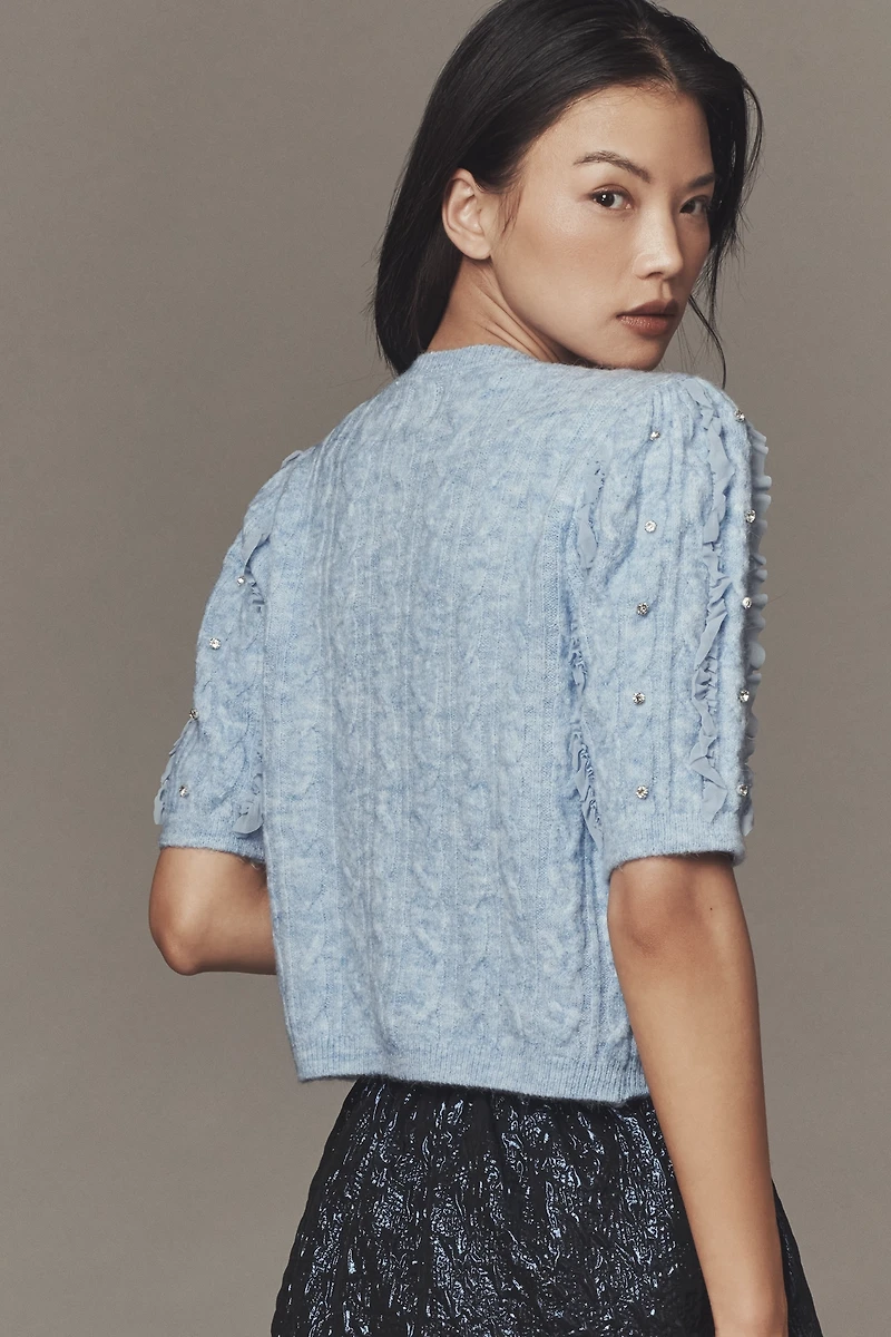 Maeve Short-Sleeve Embellished Ruffled Cardigan Sweater