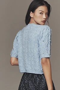 Maeve Short-Sleeve Embellished Ruffled Cardigan Sweater