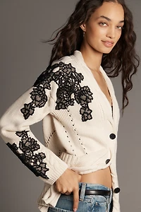 By Anthropologie Embroidered Cable-Knit Cardigan Sweater