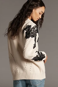 By Anthropologie Embroidered Cable-Knit Cardigan Sweater