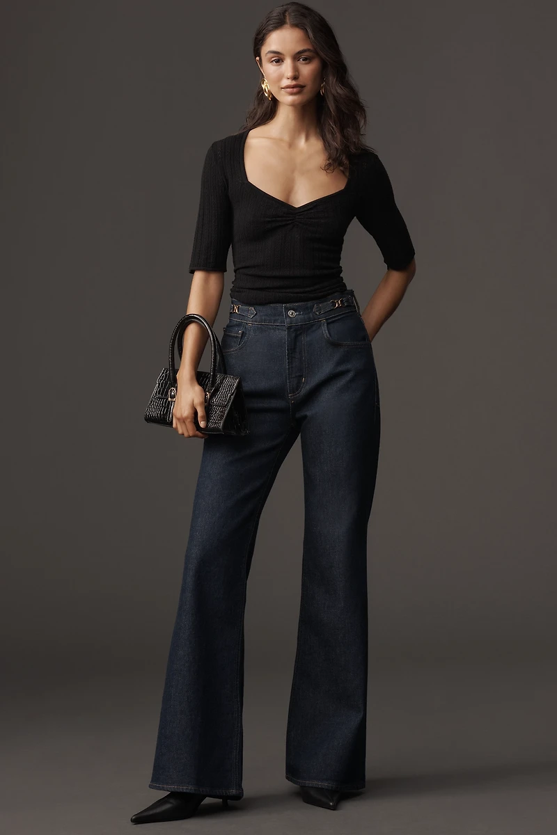 PAIGE Merril Short-Sleeve Sweetheart Pointelle Sweater