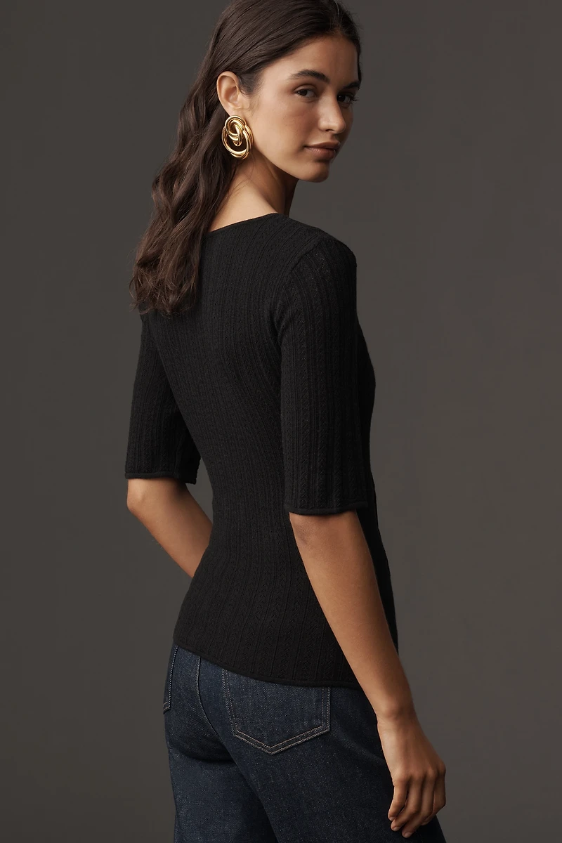 PAIGE Merril Short-Sleeve Sweetheart Pointelle Sweater
