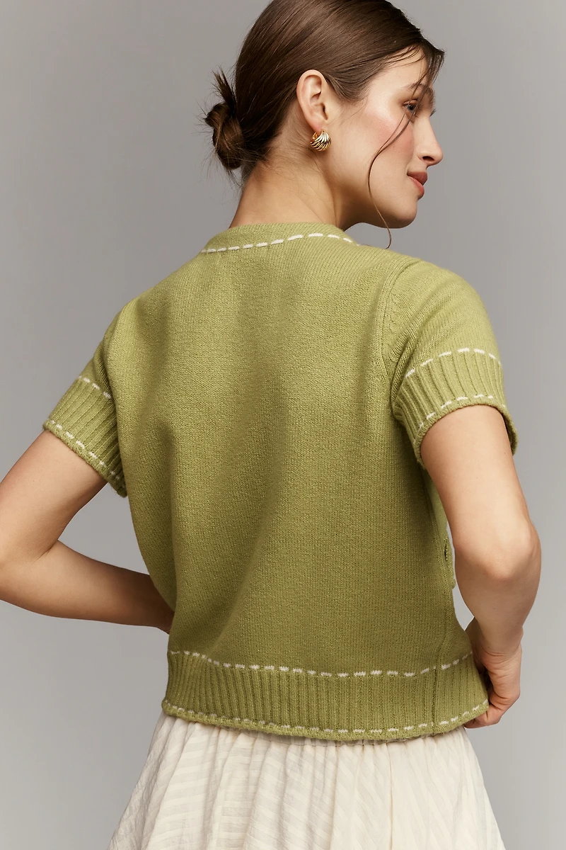 Design History Short-Sleeve Stitched Cardigan Sweater