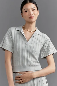 Maeve Short-Sleeve Collared V-Neck Ribbed Sweater