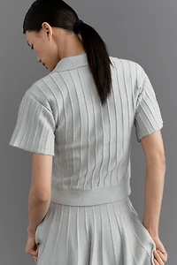Maeve Short-Sleeve Collared V-Neck Ribbed Sweater