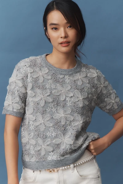 By Anthropologie 3D Floral Embellished Sweater Tee