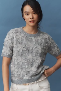 By Anthropologie 3D Floral Embellished Sweater Tee