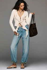 By Anthropologie Ruffled Tie-Front Ribbed Sweater