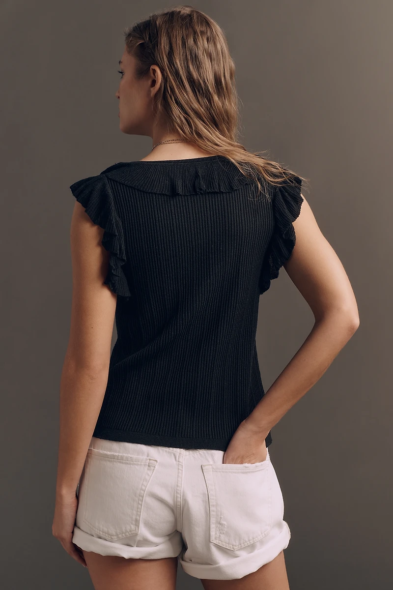 By Anthropologie Sleeveless V-Neck Ruffle Sweater