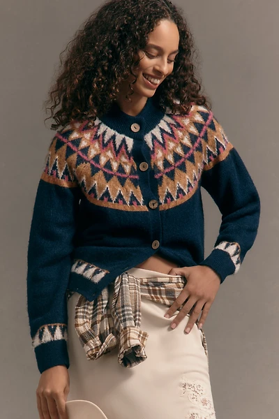 Pilcro Crew-Neck Cozy Fairisle Cardigan Sweater