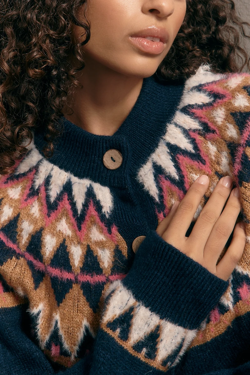 Pilcro Crew-Neck Cozy Fairisle Cardigan Sweater