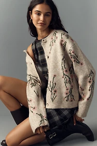 By Anthropologie Crew-Neck Floral Cardigan Sweater