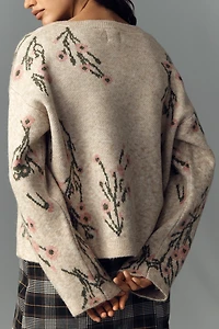 By Anthropologie Crew-Neck Floral Cardigan Sweater