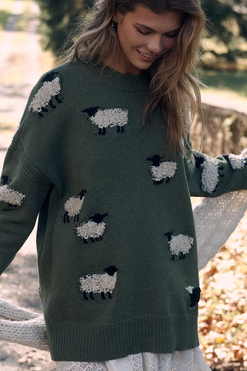 Maeve Oversized Graphic Crew-Neck Sweater
